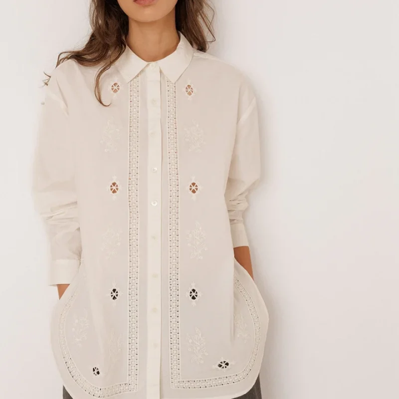 Indi & Cold Embroidered Poplin Maxi Shirt White