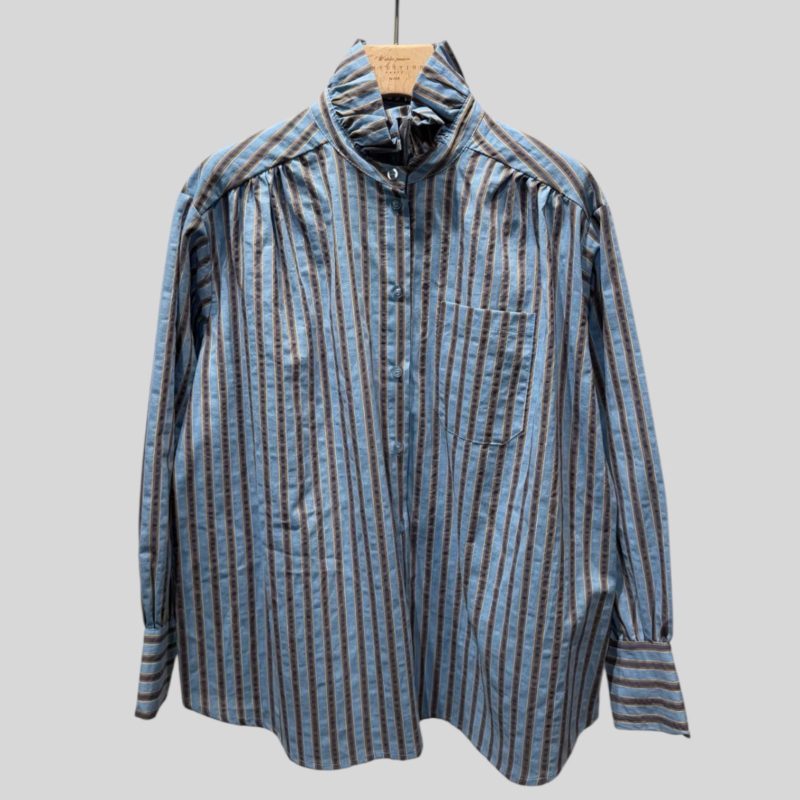 Striped Cotton Shirt w Frill Neckline