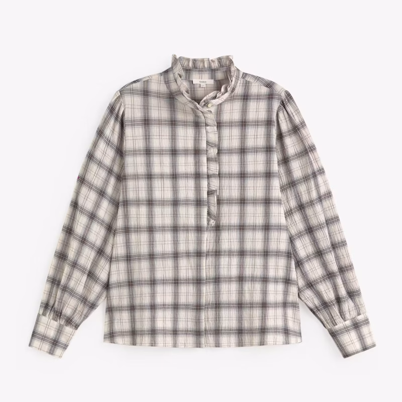 YERSE Check Shirt with Ruffle Ecru