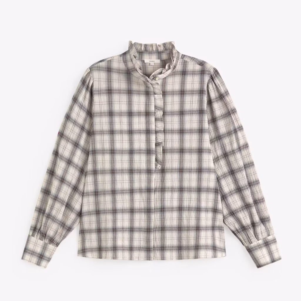 YERSE Check Shirt with Ruffle Ecru